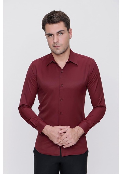Efor Slim Fit Pamuk Saten Klasik Bordo Gömlek Gk 624 Bordo