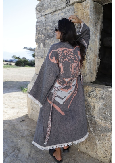Elif Towels Özel Tasarım Antrasit Renk Kaplan Desenli Kimono Kaftan Antrasit