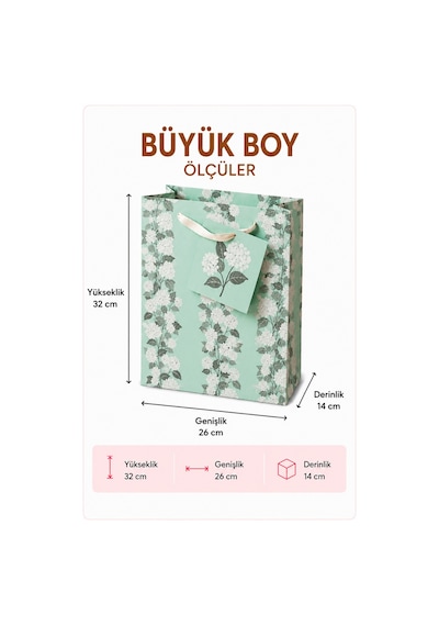 5 Adet 32 X 26 X 14 Cm - Mint Çiçek Desenli Büyük Boy Karton Hediye Çantası 3+