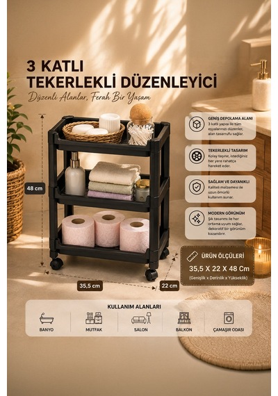 Porsima RAFTY-73-ECO-1 Tekerlekli 3 Katlı Düzenleyici - 35,5 x 22 x 48 cm Hareketli Geniş Raf - Siyah