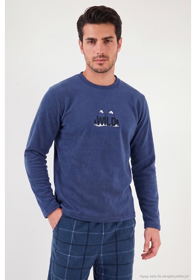 Buratti Ekoseli Bisiklet Yaka Yumuşak Dokulu Polar Pijama Takımı Erkek Pijama Takımı 6097064 İndigo
