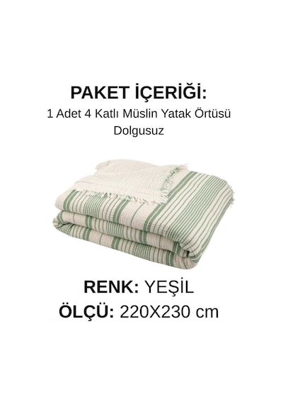 Natura Soft Ekru 4 Kat Müslin Çift Kişilik Yatak Örtüsü 220x230 Cm %100 Pamuk Çok Amaçlı Koltuk Örtüsü Ve Tv Battaniyesi Yeşil