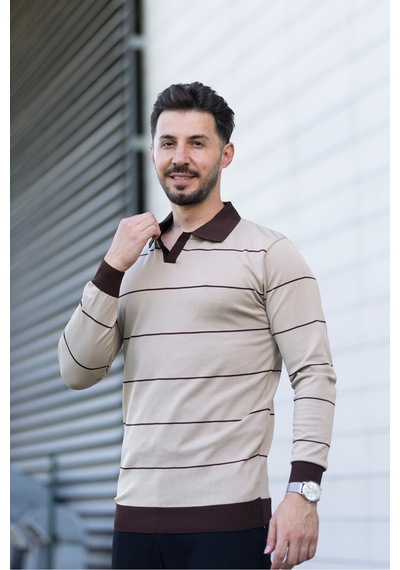 Hk Premium Çizgili Polo Yaka Slim Fit Triko Kazak Bej