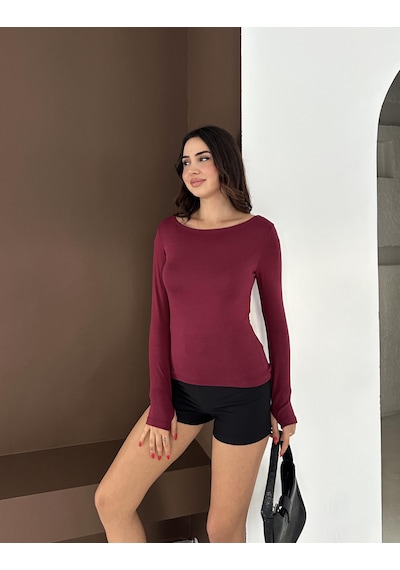 Elaxi Kadın Kayık Yaka Parmak Geçmeli Uzun Kollu Full Likralı Pamuk Viskon Buzzy Body Tişort Bordo Elaxi Kadın Kayık Yaka Parmak Geçmeli Uzun Kollu Full Likralı Pamuk Viskon Buzzy Body Tişort Bordo