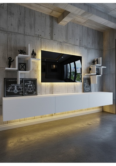 Resital Duvara Monte Ledli 270 Cm Tv Ünitesi Duvar Raflı - Ll6048 Beyaz