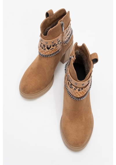 Luvishoes Luvi Shoes Boliva Taba Süet Kemerli Zincirli Kadın Kalın Topuklu Bot Taba Süet