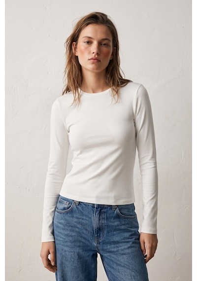 Elemge %95pamuk %5likra Vücuda Oturan Magic Fit Beyaz Kadın Stretch Uzun Kollu T-shirt Compact Penye Esnek Basic Tişört Elastan Bluz