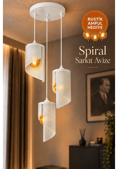 3'lü Spiral Sarkıt Avize Modern Dekoratif Salon Yemek Masası 3 Rustik Led Ampul Hediyeli Beyaz