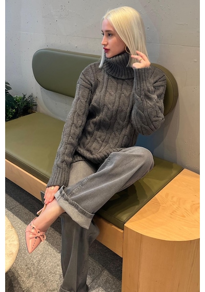 Madmext Antrasit Boğazlı Triko Kazak Mg2376 Antrasit
