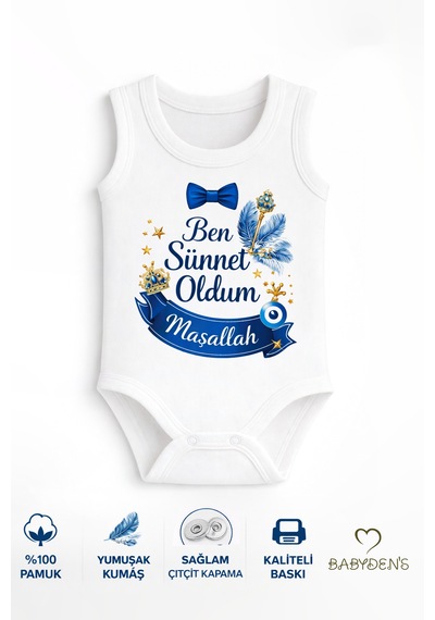 Babyden's Sünnet Kıyafeti Erkek Bebek Body Pamuk Ben Sünnet Oldum Maşallah Baskılı Zıbın Kolsuz Body Beyaz