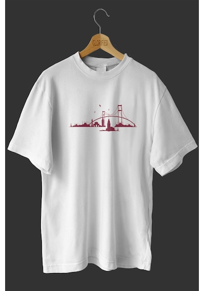 Noıssey -wed Istanbul Silüeti Tasarım Baskılı Oversize T-shirt Tişört Beyaz
