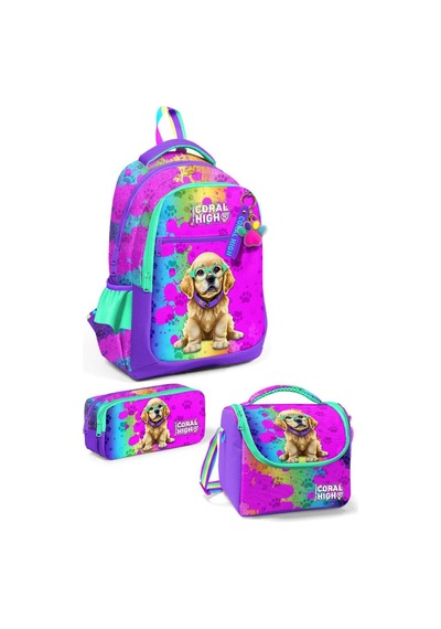 Coral High Kids Mor Pembe Köpek Desenli 3 Lü Okul Çanta Seti Set0123649 Çok Renkli