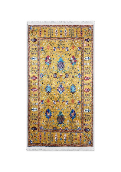 Hardal Sarısı Halı Vintage Etnik Desen Saçaklı Bambu Kumaş Yüzey Çok Renkli