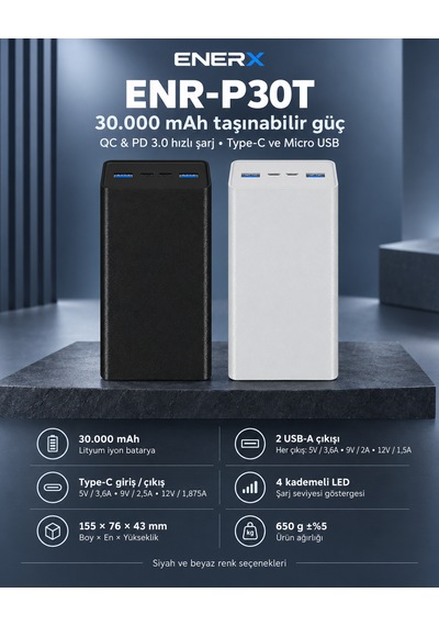 Enerx Enr-p30t 30.000 Mah 22.5w Hızlı Şarj Powerbank Siyah