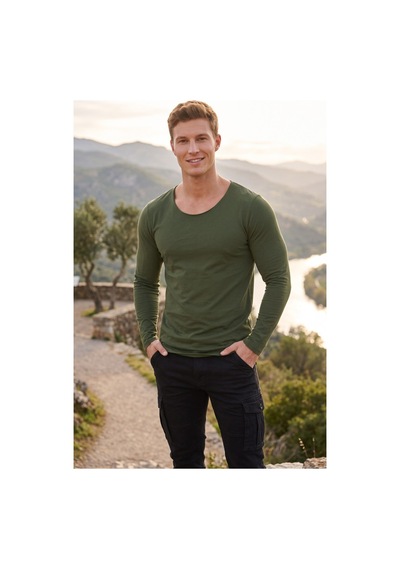 Deepsea Erkek Haki %95 Pamuk Slim Fit Kesik Açık Yaka Likralı Penye Sweatshirt Oval Kesim 2602299