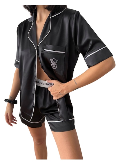 Victoria"s Secret İpek Saten Yazlık Pijama Takımı Toz Pembe Siyah