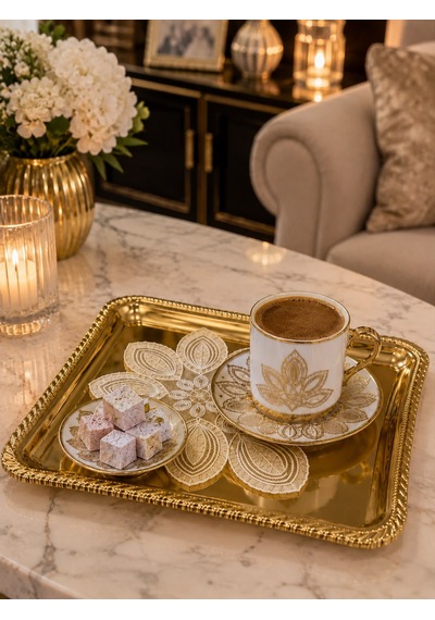 Premium Gold Tepsi Gold Detay Metal Sunum Seti Altın - Gül