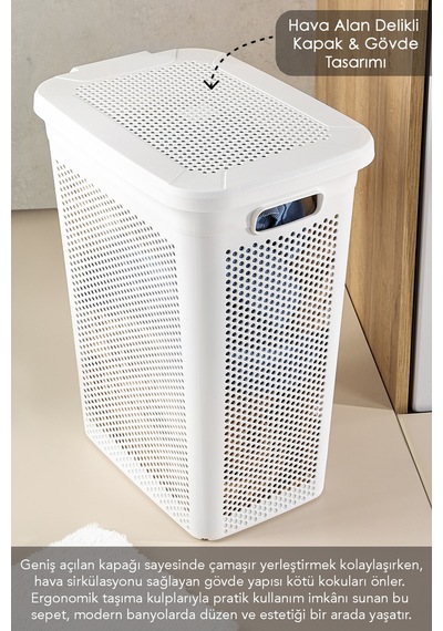 2'li Kirli Çamaşır Sepeti Seti - 40 Litre Kapaklı Delik Detaylı Stash Slim Kirli Sepeti Beyaz Beyaz