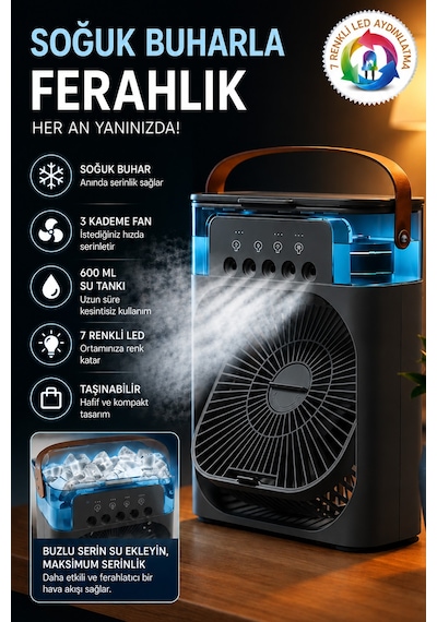 Exenar - Siyah - Buharlı Serinletici Masaüstü Mini Fan Nemlendirici Led Işıklı Hava Soğutucu Vantilatör 600ml 3kademe