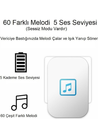 2 Alıcılı Su Geçirmez Kablosuz Led Kapı Zili Beyaz Prizli, Pil Gerektirmez, Uzun Mesafe, 60 Melodi