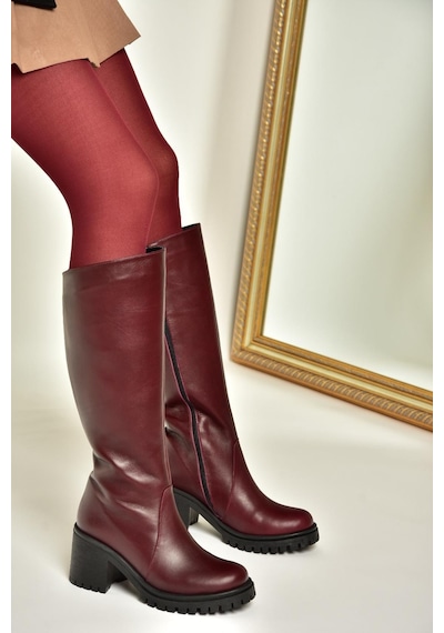Fox Shoes R654047703 Bordo Hakiki Deri Kalın Topuklu Kadın Çizme Bordo-hakiki Deri Bordo