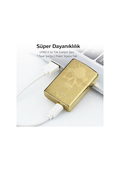 Valkyrie Gold Kuru Kafa Tasarım Usb Şarjlı Elektrikli Rüzgar Geçirmez Çift Arc Ateşleme Çakmak