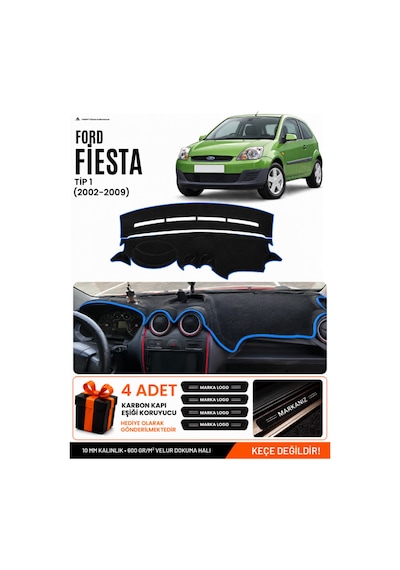 Ford Fiesta Tip 1 2002-2009 Uyumlu Torpido Örtüsü, Torpido Kılıfı - Siyah-mavi - Fo007