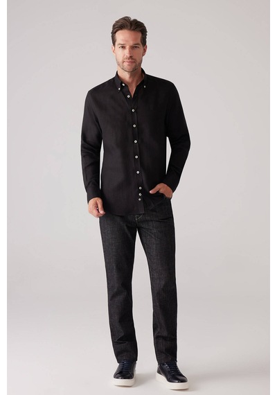 Erkek Siyah Slim Fit Yaka Düğmeli %100 Keten Gömlek