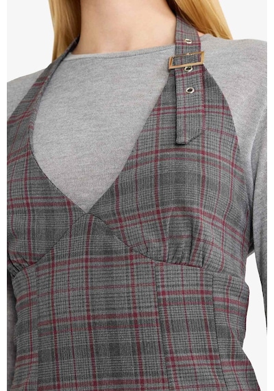 Defacto Coool Halter Yaka Kareli Mini Elbise G3860ax25auar82 Antrasit-ar82