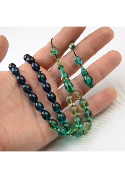 Arpa Kesim 11x8 Mm Renk Süzmesi Ateş Kehribar Sistem Püsküllü Tesbih Mavi