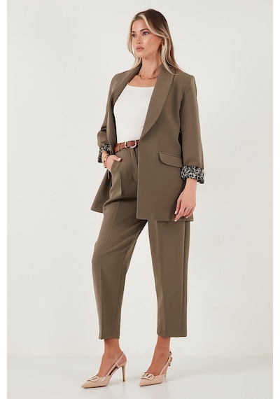Lela Regular Fit Klasik Yaka Desenli Astar Detaylı Blazer Bayan Ceket 6839227 Haki