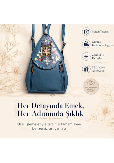Durush Collection Hakiki Deri, Tasarım El İşlemesi Çiçekli Petrol Mavisi Sırt Çantası
