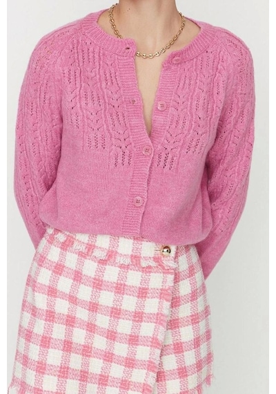 Ersefa Kadın Modern Tarz Regular Bisiklet Yaka Crop Triko Hırka Pembe