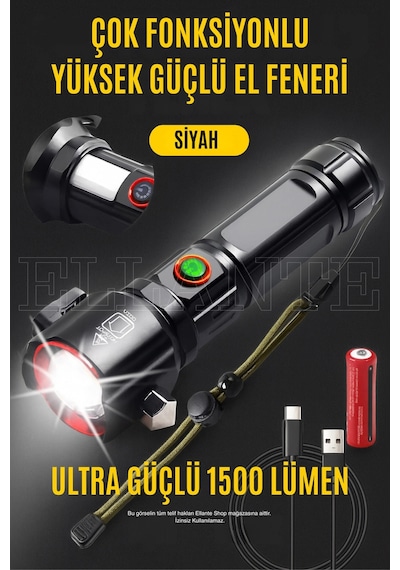 Şarj Edilebilir Led El Feneri 1500 Lümen Güçlü Işık, Çok Fonksiyonlu Ve Dayanıklı Tasarım Çok Renkli