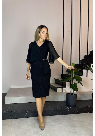 Ges Moda G0477 Taş Detaylı Şifon Kollu Abiye Elbise Siyah-siyah Siyah
