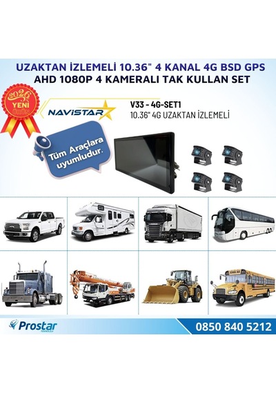 Uzaktan İzlemeli 10.36 İnç 4 Kanal 4g Gps Bsd Kör Nokta Uyarı Sistemli Profesyonel Araç Kamera Seti