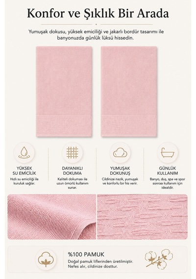 2'li Büyük Boy Banyo Havlusu 90x150 Cm %100 Pamuk Siena Collection 650 Gr Pembe