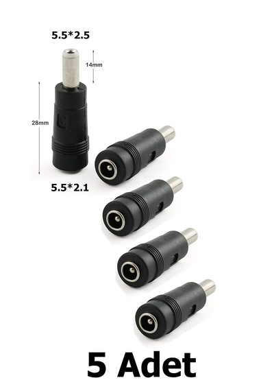 5 Adet Dc Power Jack Adaptör Çevirici 5.5x2.1 Mm Dişi - 5.5x2.5 Mm Erkek Dönüştürücü C Tipi