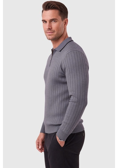Deepsea Erkek Slim Fit Tüylenmeyen Çizgi Dokulu Füme Triko Kazak Fermuarlı Polo Yaka 2700401 Deepsea Erkek Slim Fit Tüylenmeyen Çizgi Dokulu Füme Triko Kazak Fermuarlı Polo Yaka 2700401