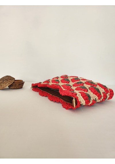 Fikriharika Design Karanfil Desenli, Suni Deri Astarlı, Rafya Clutch Çanta Bej - Çok Renkli