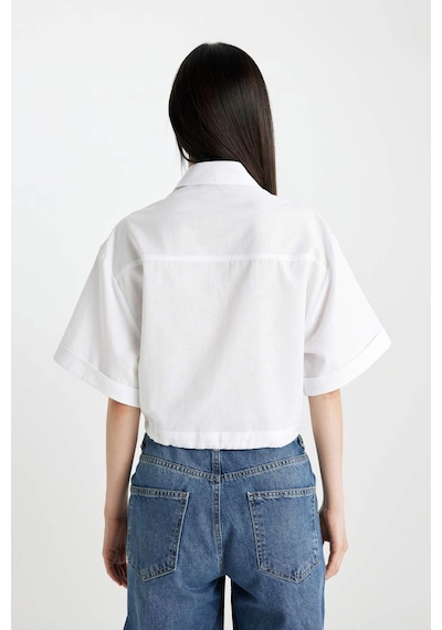 DeFacto Cropped Fit Gömlek Yaka Keten Karışımlı Kısa Kollu Bluz C6812AX24SMWT34