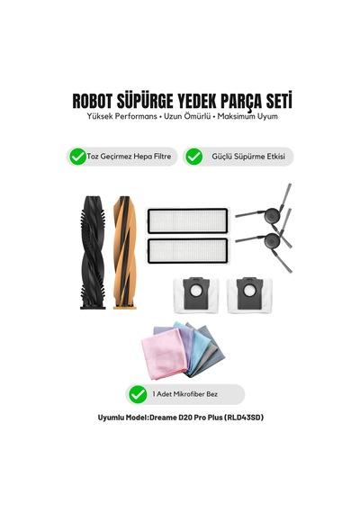 Dreame D20 Pro Plus Rld43sd İle Uyumlu 1 Ana Fırça 2 Yan Fırça 2 Filtre 2 Toz Torbası 1 Temizlik Bezi 15.0
