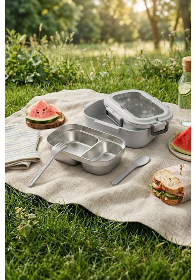 2 Bölmeli Kaşık Çatallı Paslanmaz Çelik Yemek Kabı Lunch Box Sefer Tası Beslenme Kabı Gri