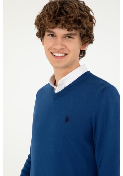 U.S. Polo Assn. Erkek Slim Fit V Yaka İndigo Basic Kazak 50293512-VR028