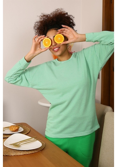 Akbeniz Kadın Uzun Kol 3 İplik Penye Pijama Takım 4191 - L Yeşil