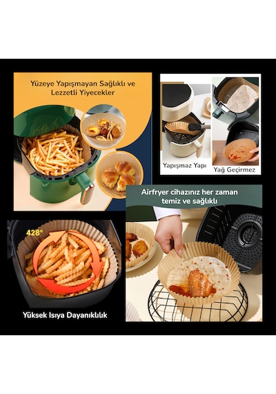 50 Adet Air Fryer Pişirme Kağıdı 20 Cm Tek Kullanımlık Hava Fritöz Yağ Geçirmez Yapışmaz Tabak Model
