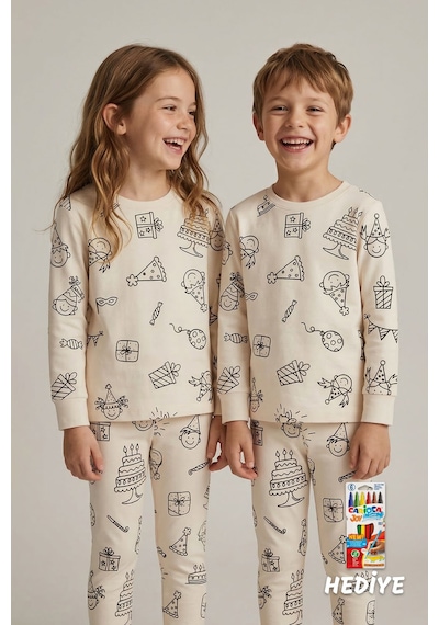 Zuzunga Boyanabilir Doğum Günü Temalı Çocuk Pijama Takımı Yıkanabilir 6-lı Kalem Hediyeli Ekru