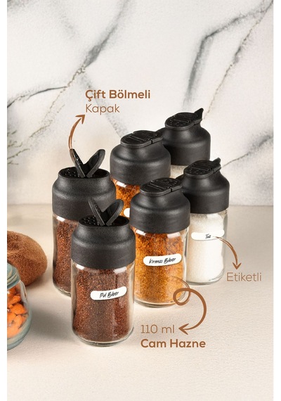 Vienev 6'lı Çift Kapaklı Cam Baharatlık Seti 110 Ml Siyah
