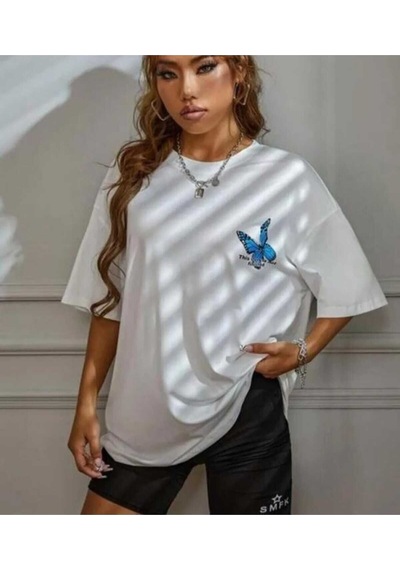 Kozia Outdoors Malkoçbey Mavi Sirt Kelebek Baskili Oversize Unisex Basic T-shirt Beyaz