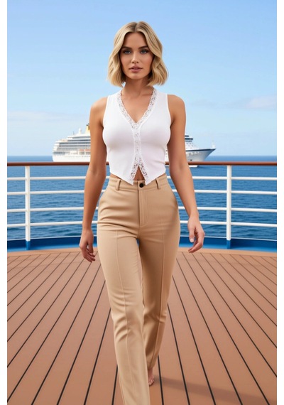 Benerly Kadın Bluz Fitted Crop V Yaka Kolsuz Dantel Detaylı Fitilli Kaşko Ekru